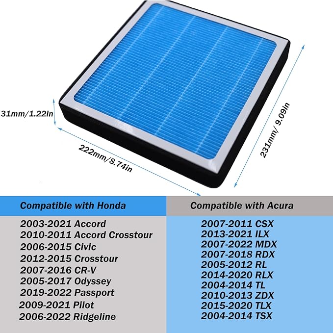 CF10134 Cabin Air Filter Compatible with 2008 2009 2010 2011 2012 2013 2014 2015 2016 2017 2018 2019 2020 2021 2022 Honda Civic Accord CRV Odyssey Passport Pilot Air Filters