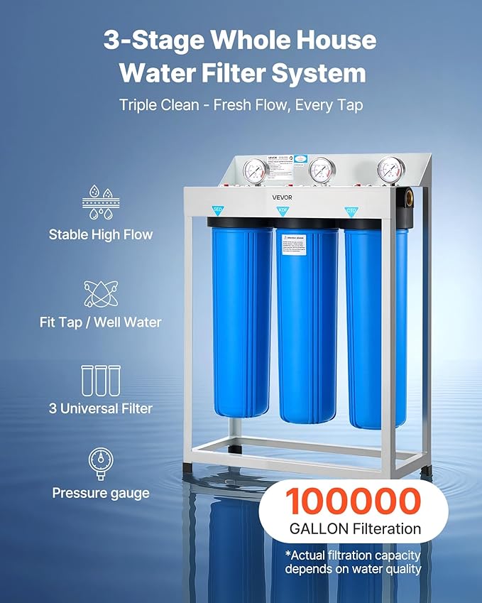 VEVOR Whole House Water Filter System, 3-Stage | Sediment, KDF, CTO | 4.5" x 20" Home Water Purifier Filter Reduce Heavy Metal, Lead, Mercury, Chlorine, Bad Taste, Odor, Rust
