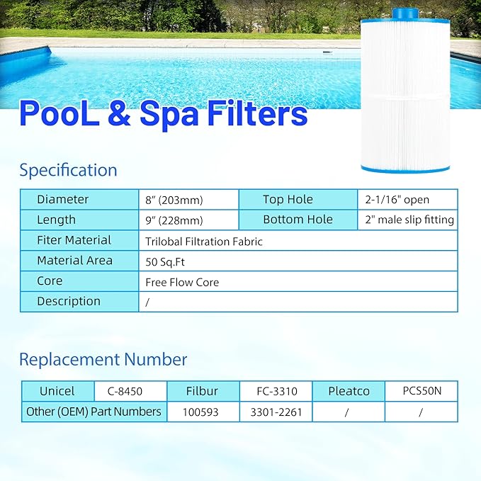 C-8450 Spa Filter Cartridge Replaces for Filbur FC-3310, PCS50N, 100593, 3301-2261, 80501 Maax Spas/Coleman Spas, 50 sq.ft Hot Tub Filter, 4 Pack