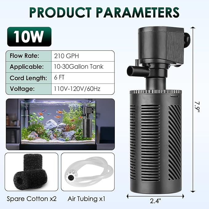 hygger 10-30 Gallon Submersible Aquarium Power Filter In-Tank Filtration with Aeration for Saltwater and Freshwater Fish Tank Internal Filters 210 GPH