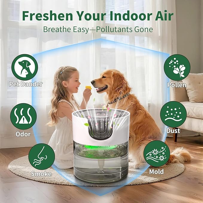 Aozale Water Air Purifier for Home, Quiet Variable Speed Water-Based Air Purifiers with LED Night Light, Essential Oil Aroma Diffuser, Humidifier & Freshener - for Home Pets Odors, Smoke (Gray)