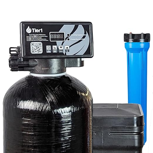 Tier1 Whole House Water Softener System 32,000 Grain High Efficiency with Sediment Pre-Filter | Pre-Filled Mineral Tank with 1 Cubic Foot of Cation Resin | Home Water Filtration System
