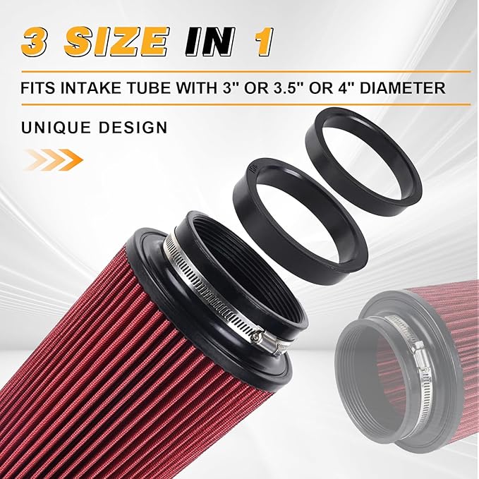 4-Inch Cold Air Intake Filter - Washable, High Performance, 3" or 3-1/2" or 4" Clamp-On Filter Height: 9 In Replacement Cone Air Filter Universal 3 Sizes in 1 (Red)