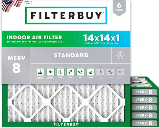 Filterbuy 14x14x1 Air Filter MERV 8 (MPR 700) Dust Defense Replacement (6-Pack), Electrostatic Pleated HVAC AC Furnace Filters, Made in USA (Actual Size: 13.75 x 13.75 x 0.75)