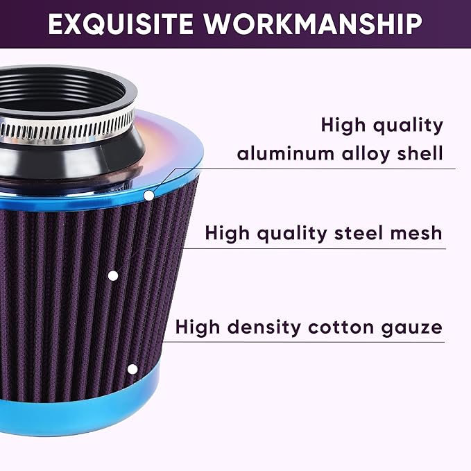 Universal Cold Air Intake Filter Clamp-On Replacement Air Filter Flange Diameter 3 inches/76mm High Performance Washable Filter Purple
