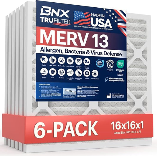 BNX TruFilter 16x16x1 Air Filter MERV 13 (6-Pack) - MADE IN USA - Electrostatic Pleated Air Conditioner HVAC AC Furnace Filters for Allergies, Pollen, Mold, Bacteria, Smoke, Allergen, MPR 1900 FPR 10