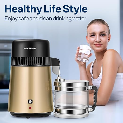 VIVOHOME Water Distiller Countertop 1.1 Gallon/4L 304 Stainless Steel Distilled Water Machine with Smart Switch Purifier Filter for Home Officek, Champagne