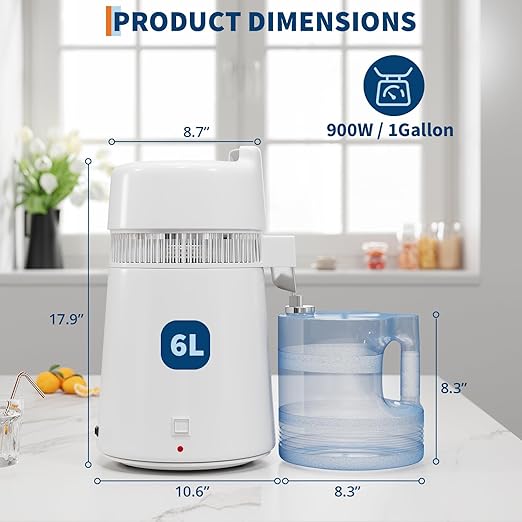 GarveeHome Water Distillers for Home Countertop, 1.5Gal/6L Stainless Steel Distilled Water Machine with Glass Container, 750W Desktop Drinking Purifier Filter Distilling Kit