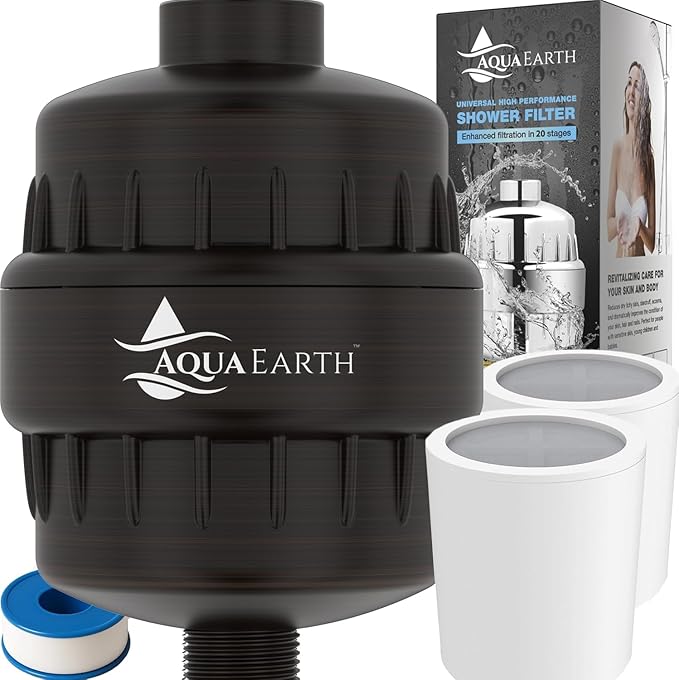 Aqua Earth Shower Head Filter For Hard Water Oil Bronze 20 Stages to Remove Chlorine Fluoride Water Softener Coconut Shell Activated Carbon Reduces Dry Itchy Skin Heavy Metals Other Sediments