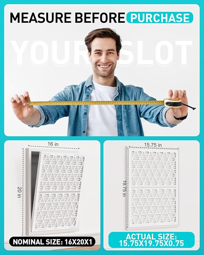 16x20x1 Refillable Air Filter Kit, MERV 8, 1 Reusable Foldable Frame ＆ 6 Refills, Fits Most AC HVAC Furnace Filter, Actual Size 15.75x19.75x0.75in