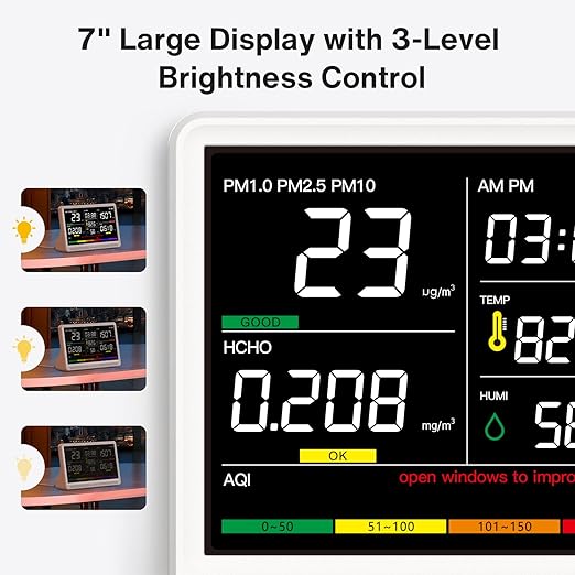 16 in 1 Air Quality Monitor Indoor 7" Display 9 AQI+7 AQI Alerts Air Quality Meter for CO2, TVOC, PM2.5 PM1.0 PM10, HCHO, Temperature Humidity AQI & Time, Air Detector Air Quality Tester for Home