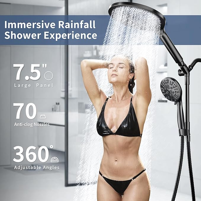 KAIYING Dual Shower Heads with Handheld Spray Combo, High Pressure Modern Rain Shower Head with 9-Mode Handheld Showerhead, Double Rainfall Shower Head with 79-Inch Stainless Steel Hose (Matte Black)