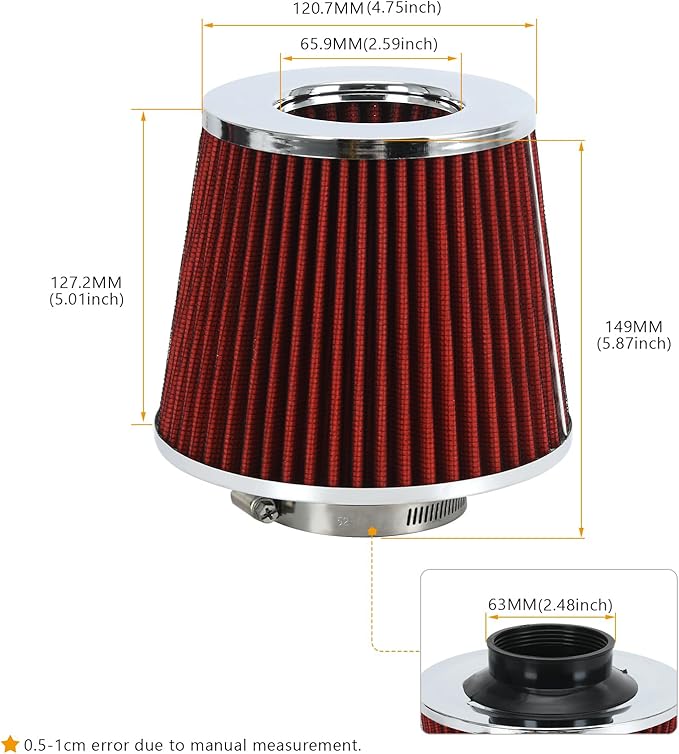 PTNHZ Universal Red 2.5" 63mm High Flow Cold Air Intake Cone Air Filter Power Intake Air Inlet System Air Cleaner