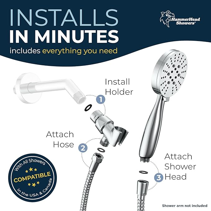 HammerHead Showers® Solid Metal 3-Spray Handheld Shower Head with Long Hose and Holder - CHROME - WIDE, MASSAGE, and MIST Sprays - 1.8 GPM Low Flow Handheld Showerhead - Water Saving Shower Head