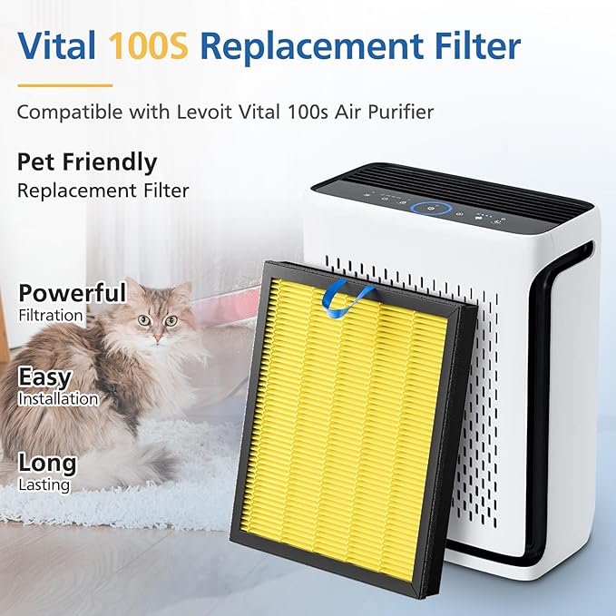 2 Pack Vital 100S Pet Care Replacement Filter for LEVOIT Vital 100S Air Purifier, 3-in-1 Vital 100s-P Air Filter and High-Efficiency Activated Carbon Filter, Replace Part #Vital 100S-RF-PA, Yellow
