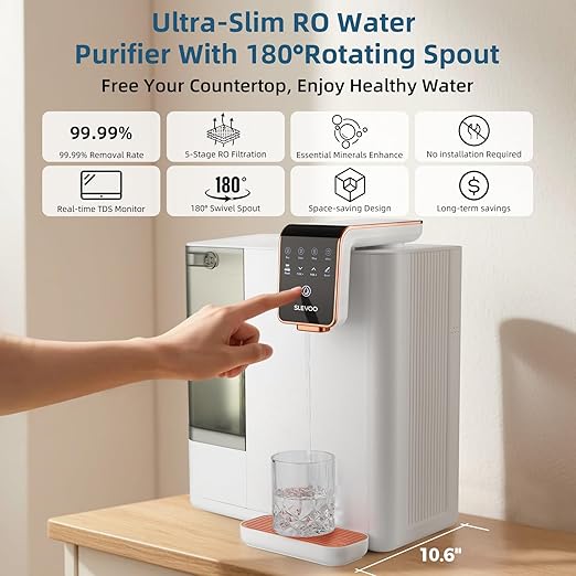 Reverse Osmosis Water Filter Countertop,100GPD,5-Stage RO Water Filtration System with TDS Real-Time Displaying & 4L Capacity Tank for Home/Office, 180°Swivel Spout & Ultra-Slim Designed to Save Space