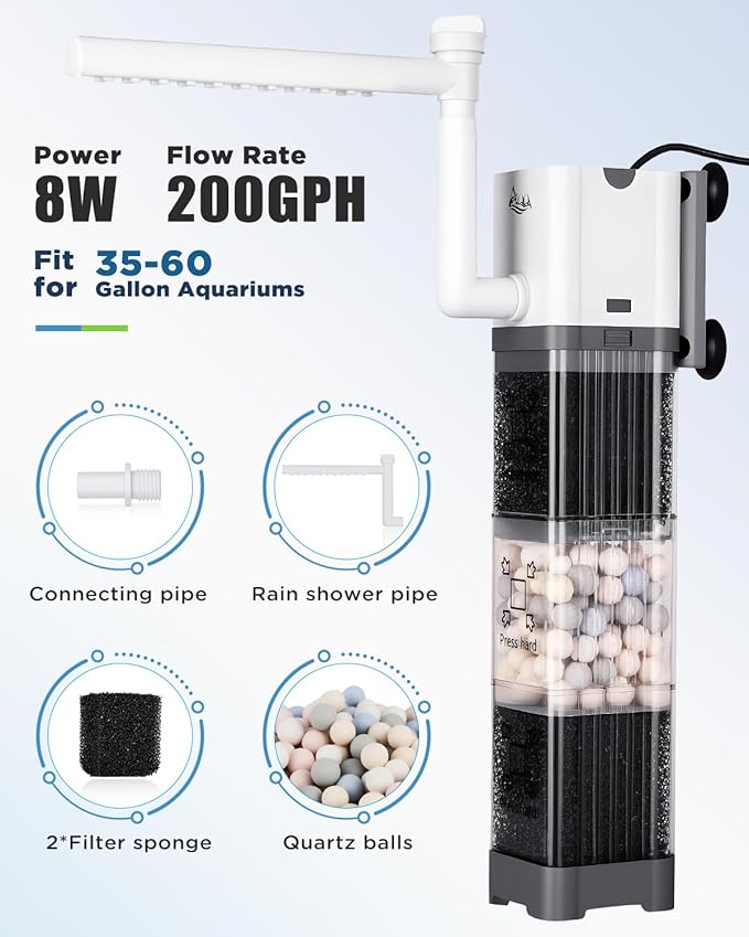 AQQA Aquarium Filter, Fish Tank Filter with Rainshower Pipe Design Adjustable Water Flow, Ultra Silent Biochemical Quartz Balls&Physical Sponge Double Filtration for Fish Tank 35-60 Gallon (8W-200GPH)