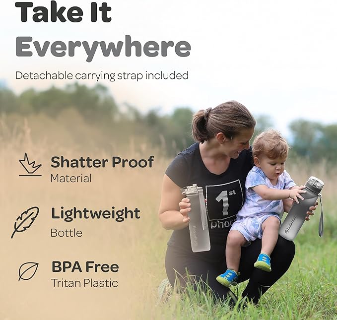 Hydracy Water Bottle with Time Marker -Large BPA Free Water Bottle & No Sweat Sleeve -Leak Proof Gym Bottle with Fruit Infuser Strainer & Times to Drink -Ideal for Fitness Sports & Outdoors