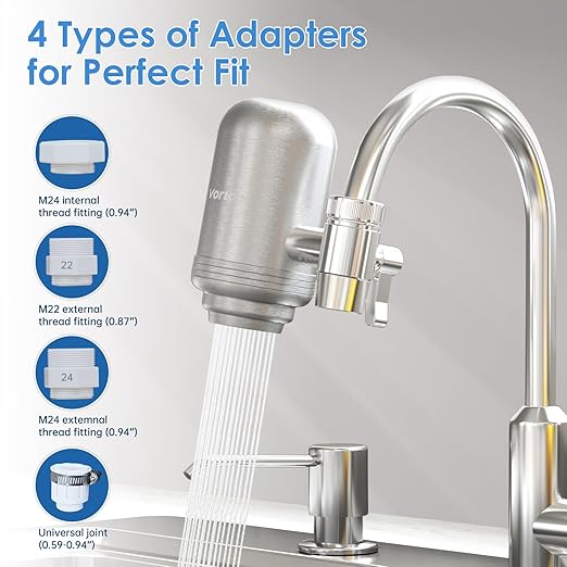 Faucet Water Filter for Sink, Rapid Flow - 400 Gallons Faucet Mount Water Filtration System for Tap Water, NSF Certified Reduces Chlorine (Grey-T2-1 Filter)