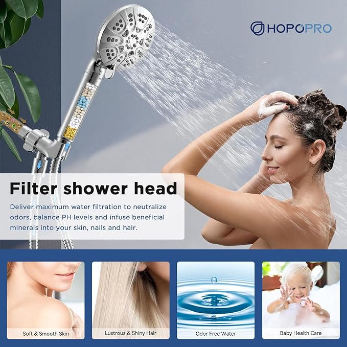 HOPOPRO 7-Setting Handheld Shower Head with Built-in Power Wash, Polished ABS Chrome, 71-Inch Stainless Steel Hose, 360 Rotatable Brass Overhead Bracket, Anti-Leakage Teflon Tape
