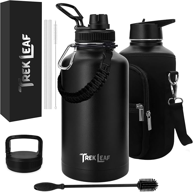 Travel Water Bottle with Carrying Bag, 3 Lids (Spout, Straw, Handle), and Bottle Brush; Leak Proof, Quality, Vacuum Insulated, Stainless Steel (Black, 64 oz)