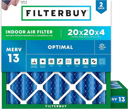 Filterbuy 20x20x4 Air Filter MERV 13 (MPR 1900) Health Defense Replacement (2-Pack), Electrostatic Pleated HVAC AC Furnace Filters, Made in USA (Actual Size: 19.50 x 19.50 x 3.63)
