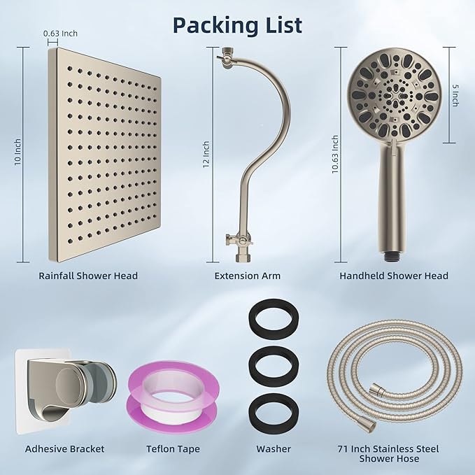 Hibbent 10" Thickness Metal Rainfall Shower Head/Handheld Showerhead Combo with 12'' Adjustable Curved Shower Extension Arm, 7-Spray, 71'' Hose, Adhesive Showerhead Holder, Brushed Nickel