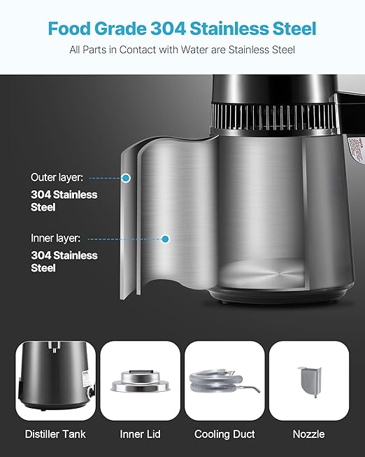 VEVOR Water Distiller, 4L 1.1 Gallon Pure Water Purifier Filter for Home Table Countertop, 1750W Distilled Maker with Glass Pot, Stainless Steel Interior Drinking Machine to Make Clean Waters, Grey