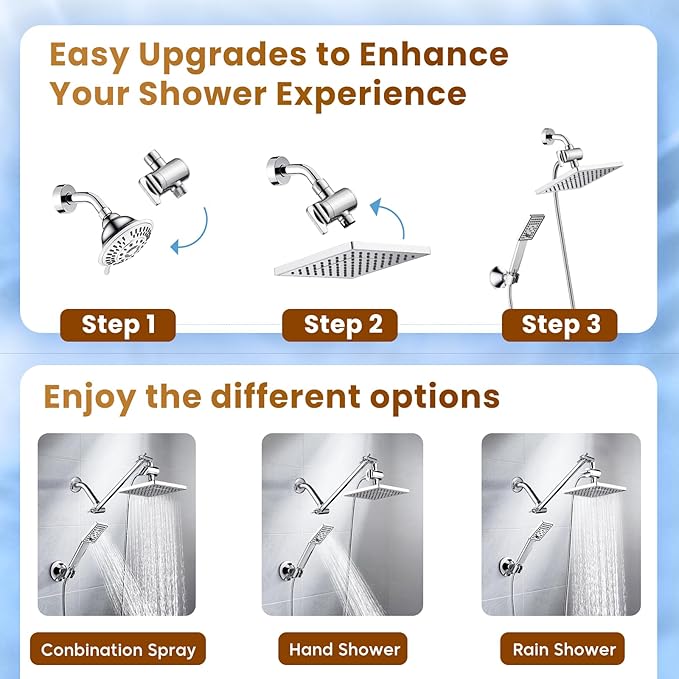BRIGHT SHOWERS Rain Shower Head with Handheld Spray, 8 Inch High Pressure Rainfall Shower Head Combo with 60” Hose, Adjustable Dual Square Showerhead with 3-Way Diverter, Wall Bracket, Chrome