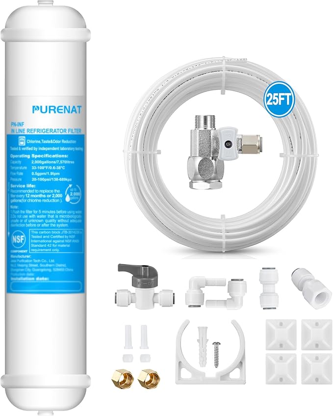 Inline Water Filter Kit for Refrigerator and Ice Maker,1/4" Quick Connect Post Carbon Filter Replacement for Reverse Osmosis System with Feed Water Valve,1/4" Water Line and Fittings