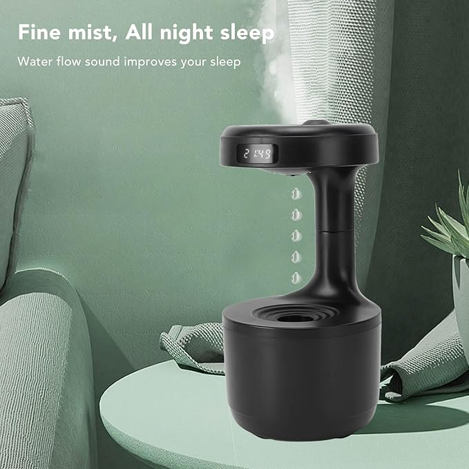 Anti Humidifier, 800ml Hovering Water Drop Backflow Creative Humidifier Quiet USB Powered Mist Humidifier with Night Light and LED Clock Display for Home Office