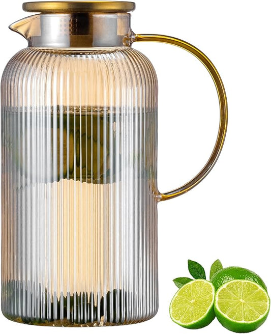 Glass Pitcher with Lid, 84oz/2.5 Liter Amber Classic Vertical Stripes Water Pitcher,Glass Water Carafe for Cold Brew, Coffee, Lemonade, Iced Sun Tea,Beverage, Milk, Heat Resistant