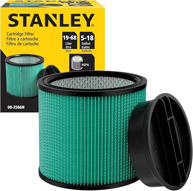 Stanley 08-2566H HEPA Cartridge Filter – Fits Most 5–18 Gallon Wet/Dry Vacuums – High Efficiency, Washable & Reusable Replacement Filter