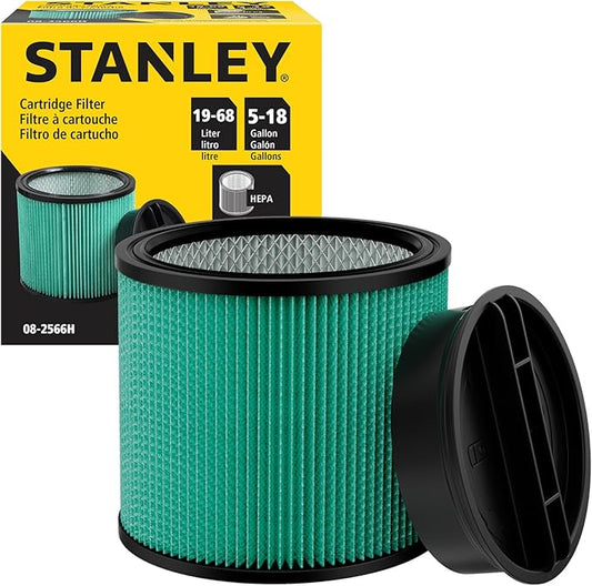 Stanley 08-2566H HEPA Cartridge Filter – Fits Most 5–18 Gallon Wet/Dry Vacuums – High Efficiency, Washable & Reusable Replacement Filter