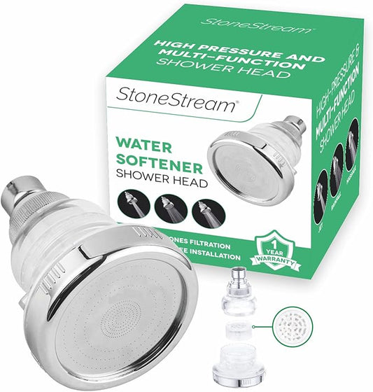 Original StoneStream Filtered Wall Showerhead for Hard Water with Soft Water Filter, High Pressure Multi-Functional Water Saving Showerhead with 3 Spray Settings