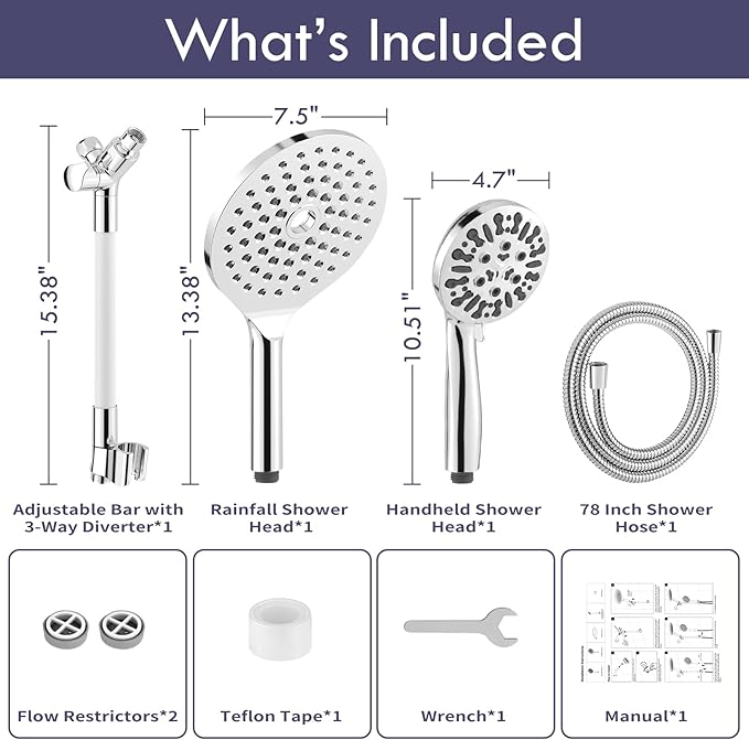 Modern Dual Shower Head with Handheld Spray, 7.5" Rainfall Shower Head, 9 Modes Hand Showerhead, 78" Hose, Chrome