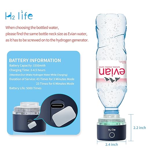 Portable Hydrogen Water Bottle Generator 3200PPB Rechargeable with PEM SPE Technology for Home Travel Sport Drinking Improve Health (Blue)