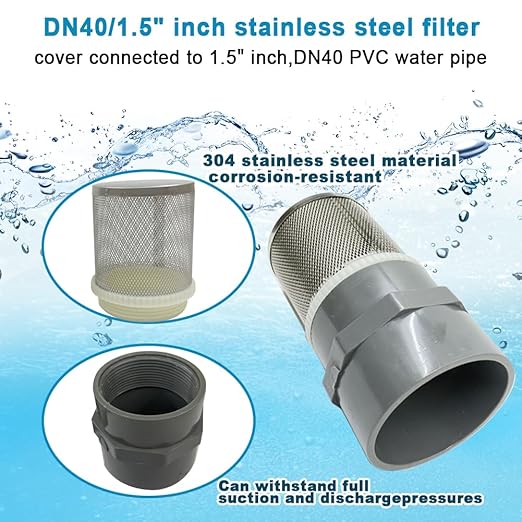 1.5 inch Stainless Steel Filter Cover Connected to 1.5 inch/DN40 Grey PVC Filter Water Pipe, Suction Strainers Used to Remove Debris and Reduce Solid Entry（1pcs）