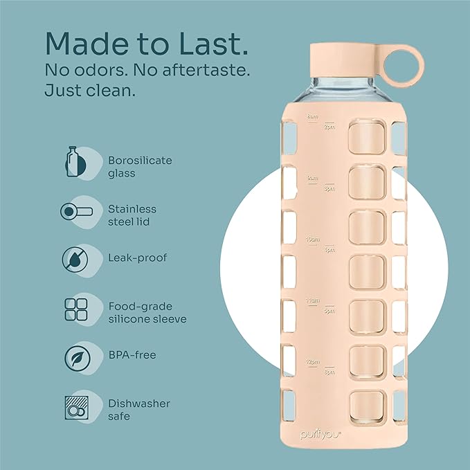 purifyou 40oz / 32oz / 22oz / 12oz Borosilicate Glass Water Bottle with Time & Volume Markers, Silicone Sleeve, Stainless Steel Lid | Reusable Glass Bottle for Water & Juice (40oz Hazelnut)