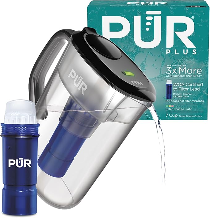 PUR Plus 7-Cup Water Pitcher, 1 Lead-Reducing Filter, Cleaner, Great-tasting Water, Dishwasher Safe, Powerful Filtration, Filter Change Light Indicator, LockFit Cap Design - Smoke