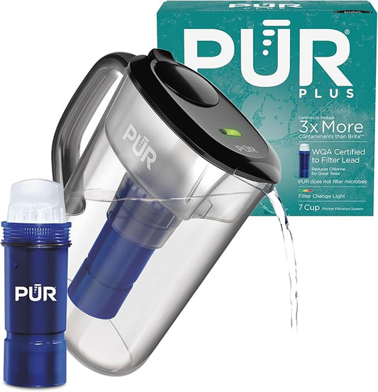 PUR Plus 7-Cup Water Pitcher, 1 Lead-Reducing Filter, Cleaner, Great-tasting Water, Dishwasher Safe, Powerful Filtration, Filter Change Light Indicator, LockFit Cap Design - Smoke