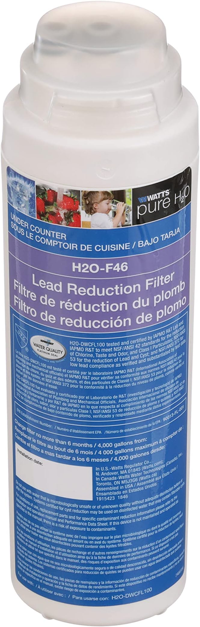 Watts Premier 0.5 Micron Lead Reduction Filter for Pure H2O Lead Filtration System H2O-DWCFL100, Flow Rate 1.5 GPM, 1/4 Turn Quick Change, Reduces Sediment, Chlorine Taste & Odor
