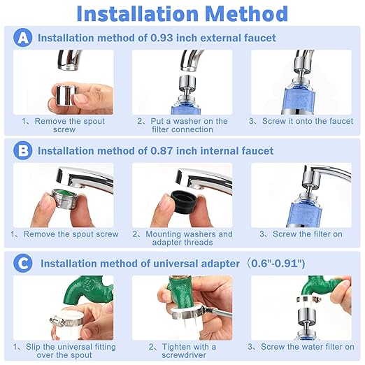 3 Pack Sink Water Filter Faucet, Universal 360 ° Rotating Kitchen Faucet Water Purifier, Bathroom Faucet Filter Removes Chlorine Fluoride Hard Water for Home Kitchen & Bathroom