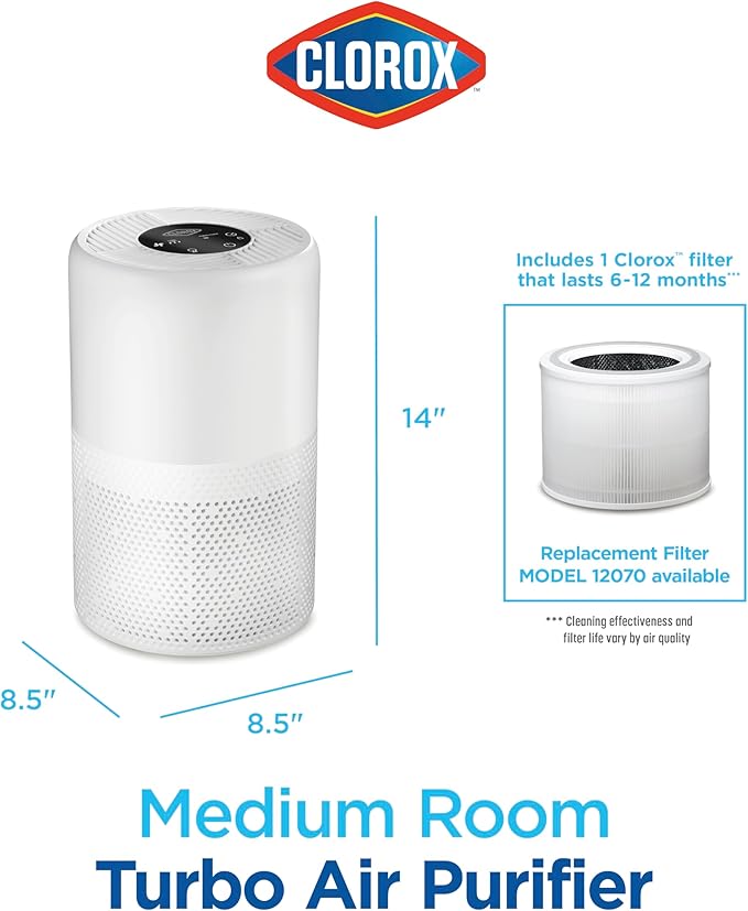 Clorox Turbo Air Purifiers for Home, True HEPA Filter, Quickly Cleans Medium Rooms Up to 1,000 Sq Ft, Reduces 99.9% of Mold, Viruses, Wildfire Smoke, Allergens, Pet Allergies, Dust, Whisper Quiet