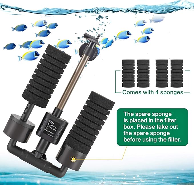 AQQA Aquarium Electric Power Sponge Filter,3W/5W Silence Submersible Foam Filter,Sponges Bio Ceramic Media Balls Double Filter for Saltwater Freshwater Fish Tank (S)