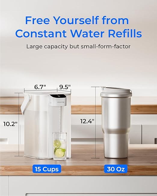 Waterdrop Electric Water Filter Pitcher, Reduce 99.6% of Lead and 45+ Impurities, 200-Gallon Rechargeable Water Dispenser, Instant 15-Cup Countertop System, NSF/ANSI 401&53&42&372, NOT Reduce TDS