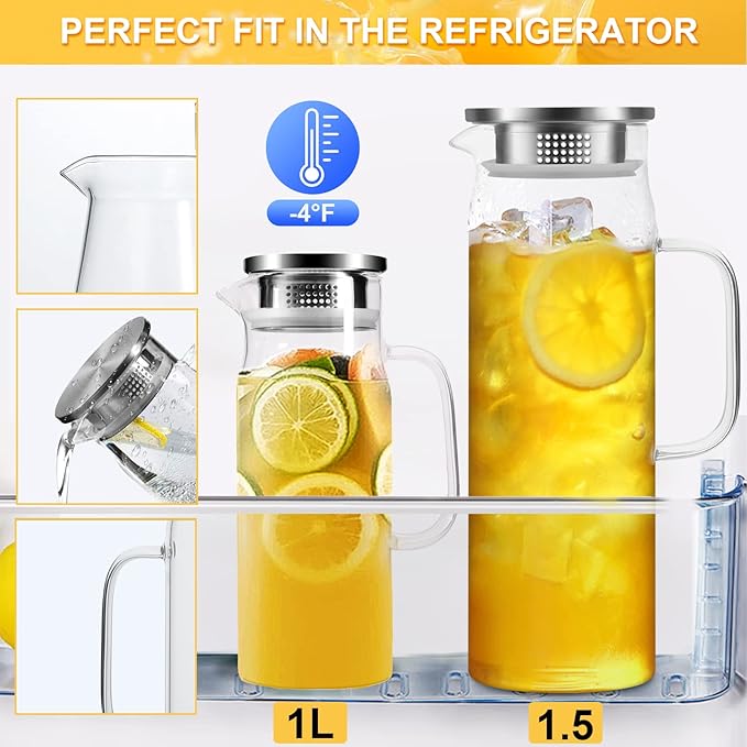 Glass Pitcher, 34 oz / 1 Liter Glass Pitcher with Lid, Glass Water Pitcher, Glass Carafe with Lid