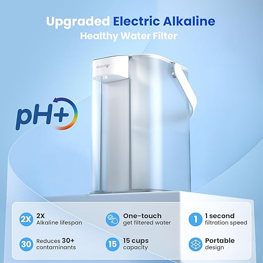 Waterdrop Alkaline Electric Water Filter Pitcher, Rechargeable Water Dispenser, Instant 200-Gallon 15-Cup Countertop Purifier, NSF/ANSI 42, Reduce PFOA/PFOS, Chlorine, Lead, White, with 1 Filter