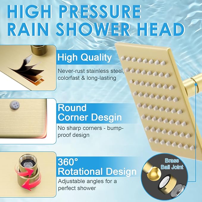 6 Inch Square Shower Head Stainless Steel High Pressure Rain Shower Heads with Extension Arm Adjustable Angle Replacement Luxury Shower Head for Modern Bathroom (Square, Brushed Gold)