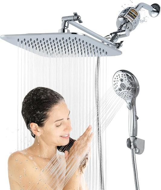 10'' Dual 20 Stage Filtered Shower Head with Handheld, 6 Spray Settings Handheld Shower Head High Pressure Rainfall Filter Combo with 12'' Adjustable Extension Arm, 71'' Shower Hose (Chrome Polished)